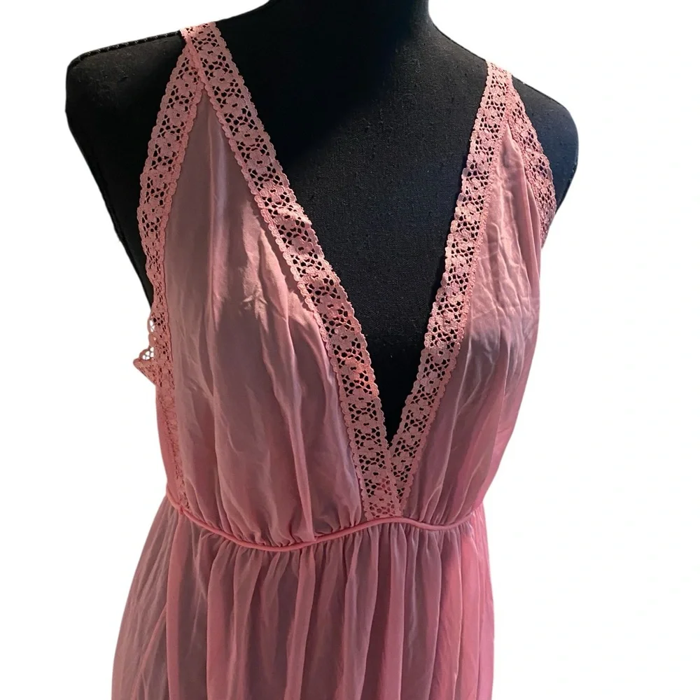Vintage Sheer Light Pink Lace-Trim Maxi Chemise Size Medium - Picture 2 of 4